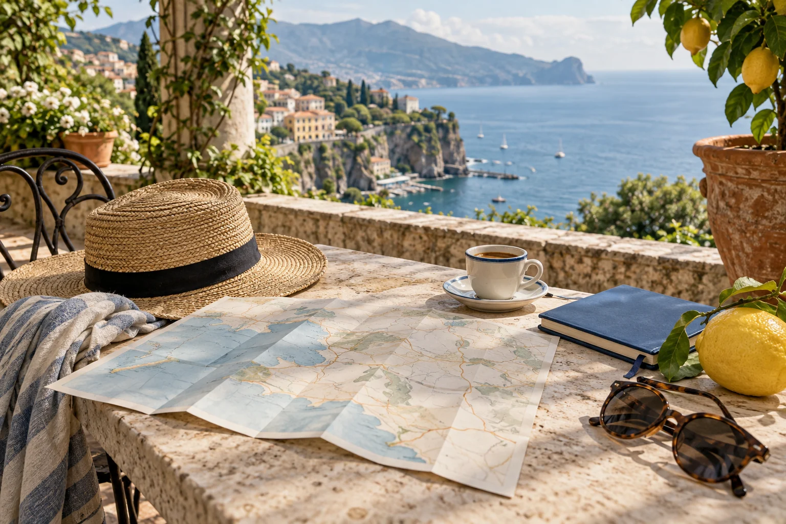 A folded map, espresso, sunhat, notebook and lemon on a terrace table; editorial illustration.