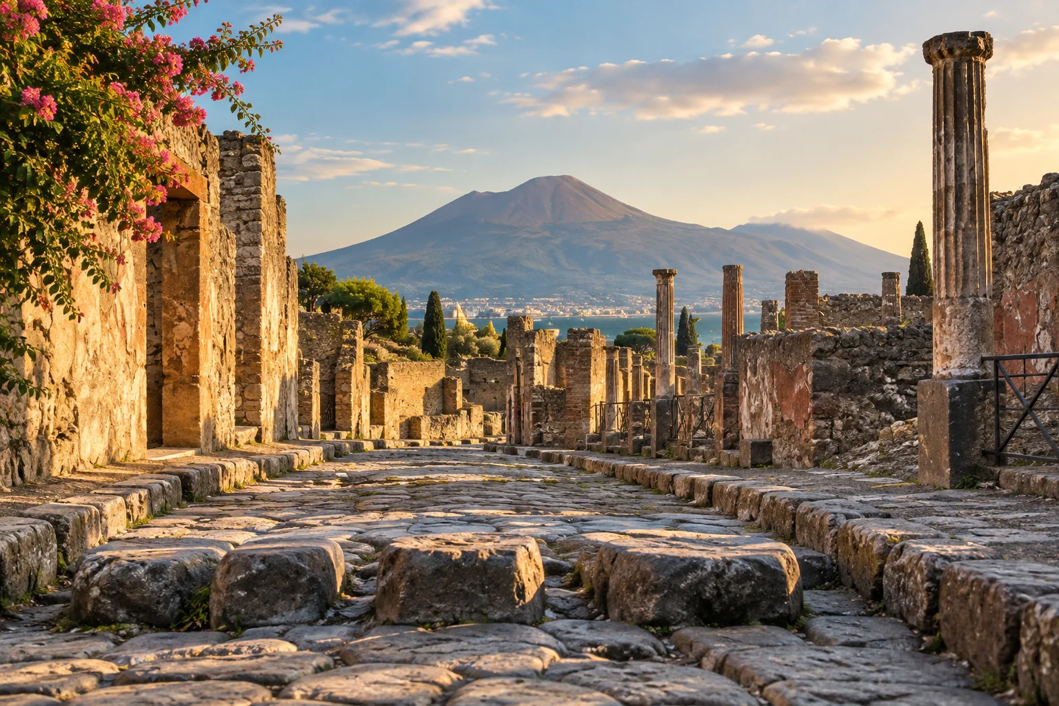 An ancient-style basalt street with stepping stones, ruined masonry and columns beneath a distant mountain; editorial illustration.