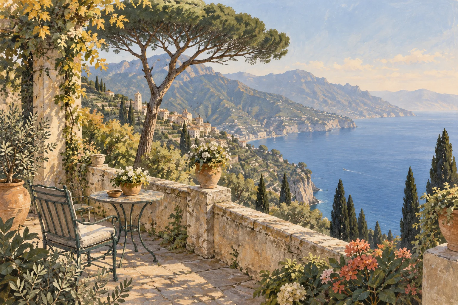 Interpretive editorial garden terrace above the Amalfi Coast with an umbrella pine, stone parapet and distant sea.