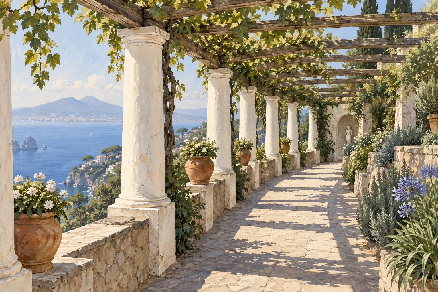 Interpretive garden illustration of a white-columned pergola and leafy hillside above the Bay of Naples, inspired by Villa San Michele in Anacapri.