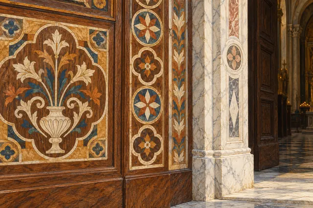 Editorial illustration of floral wooden inlay beside pale veined marble and a shaded church doorway, inspired by Sorrento craftsmanship.