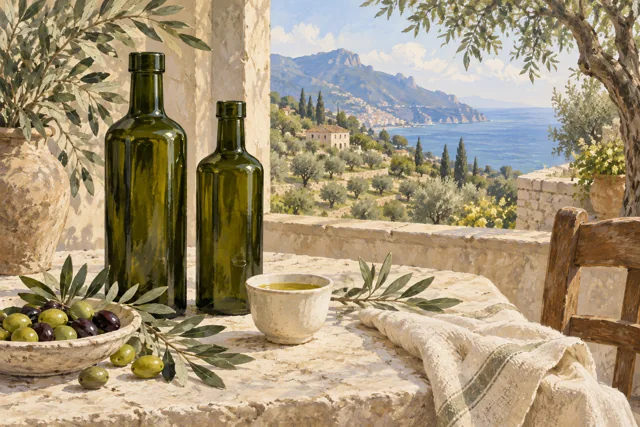 Editorial olive-oil tasting still life with unlabelled bottles, a cup, olives and silvery leaves overlooking a terraced grove.