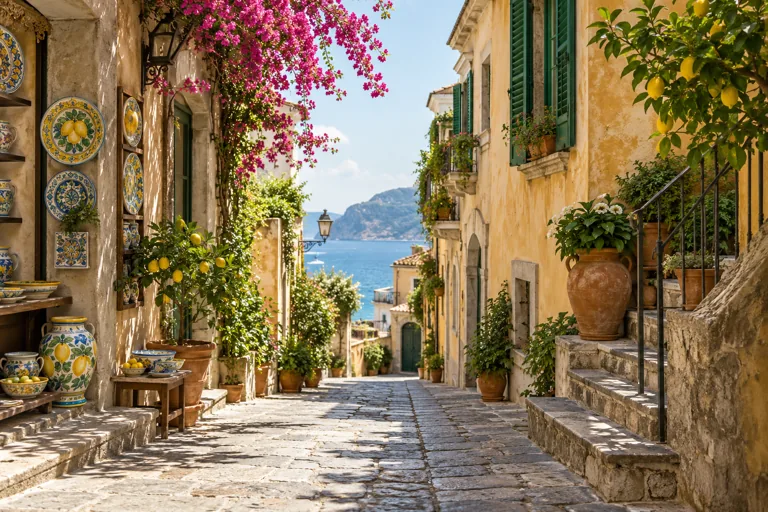 A sunlit lane with green shutters, painted ceramics and flowering bougainvillea; editorial illustration.