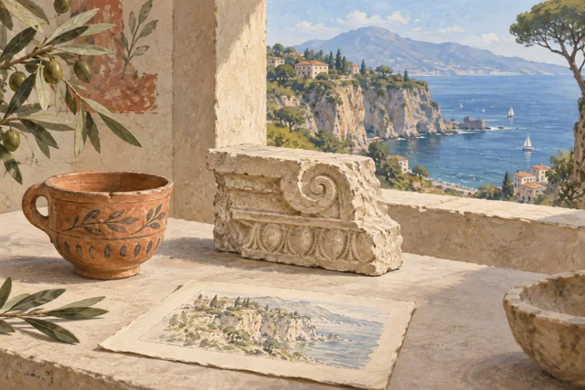 Conceptual editorial still life of an invented terracotta cup, stone fragment and unlettered location sketch beside a Sorrento peninsula coastal view.