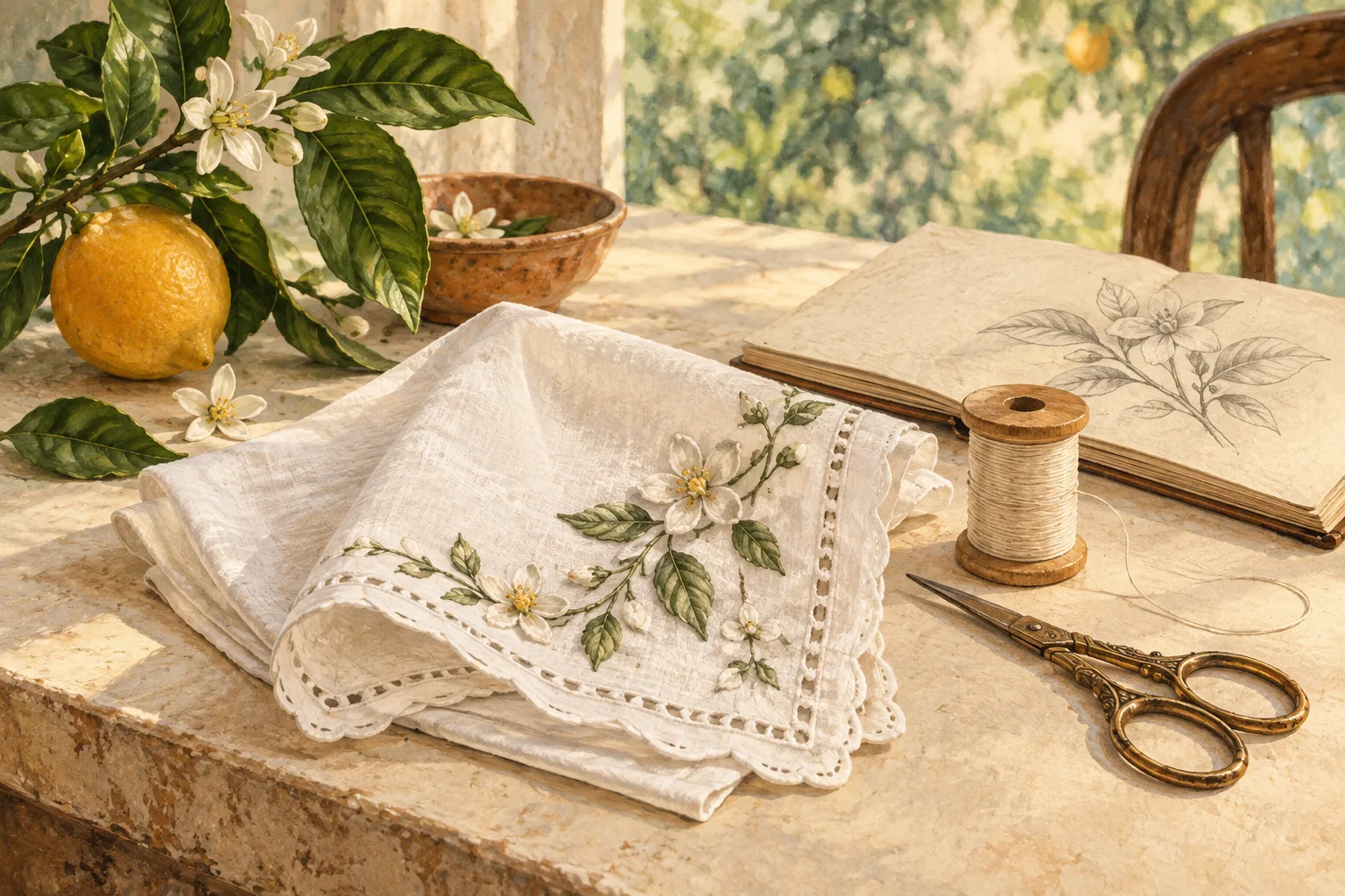 Editorial still life of an embroidered handkerchief, spool of thread, scissors and citrus beside a garden window.