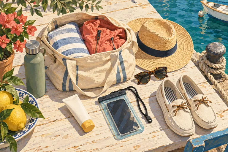 Editorial still-life illustration of a sunhat, towel, light jacket, water bottle, sunglasses, phone pouch and deck shoes beside an open boat-trip bag.