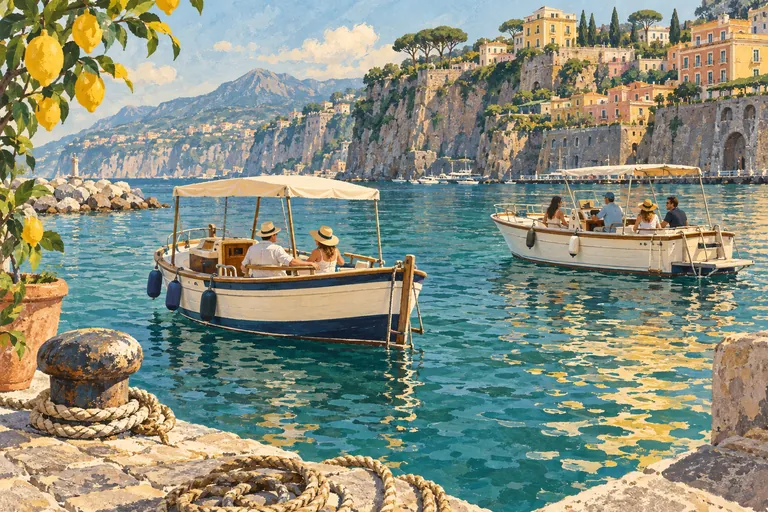 Editorial illustration of two cream boats with shade canopies and different-sized groups in a Sorrento-inspired harbor beneath coastal cliffs.