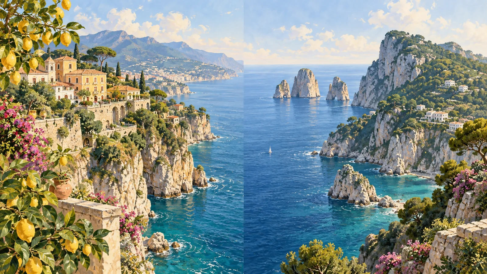 Comparative editorial diptych of Sorrento-style cliffside buildings and citrus trees beside Capri-inspired limestone cliffs and sea stacks.