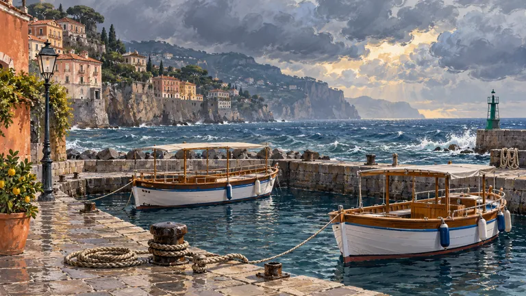 Two excursion boats moored beside an empty Sorrento-style pier under layered storm clouds, with rough water beyond; editorial illustration.
