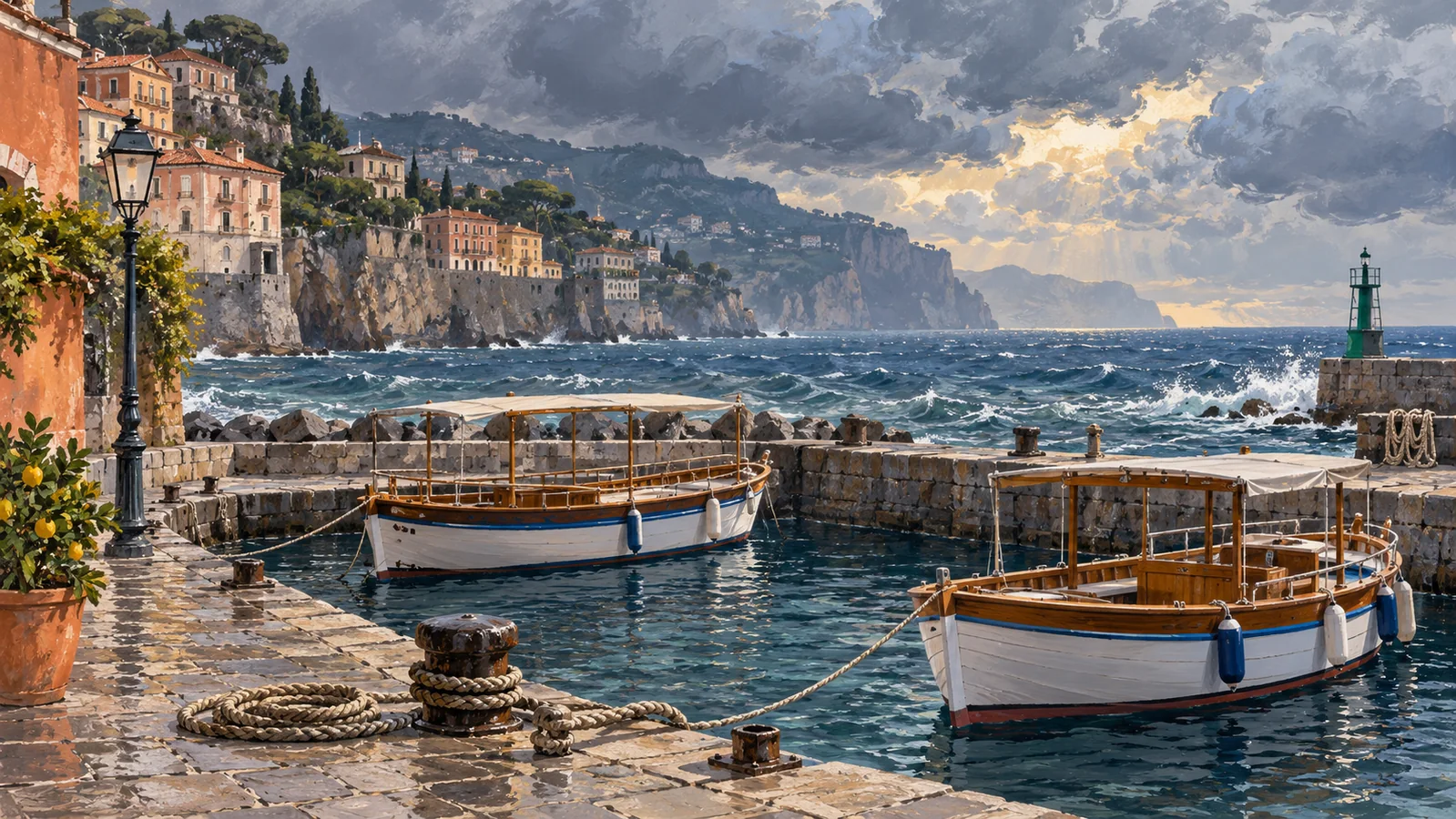 Two excursion boats moored beside an empty Sorrento-style pier under layered storm clouds, with rough water beyond; editorial illustration.