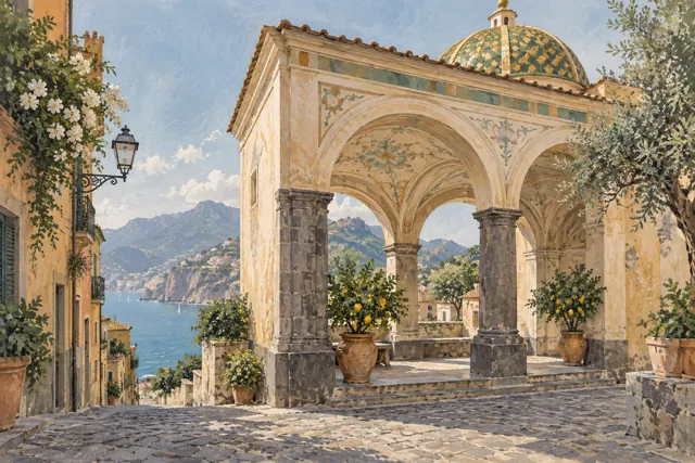 Conceptual gouache illustration of a Sorrento-inspired civic loggia with stone arches, painted decoration and a tiled dome.