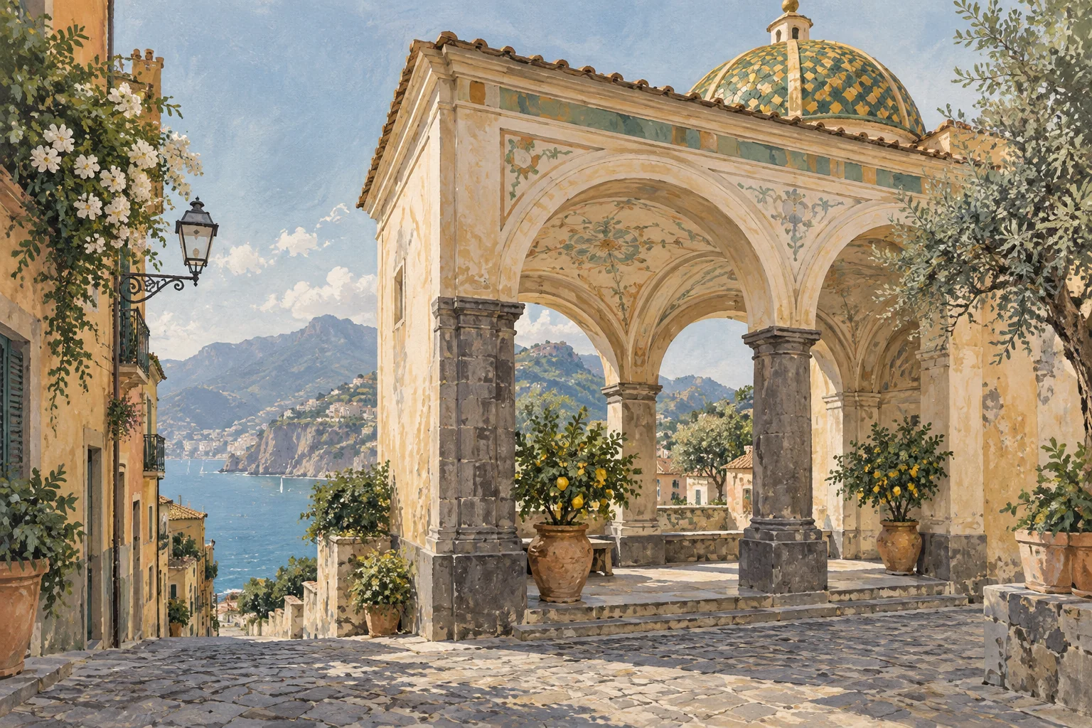 Conceptual gouache illustration of a Sorrento-inspired civic loggia with stone arches, painted decoration and a tiled dome.