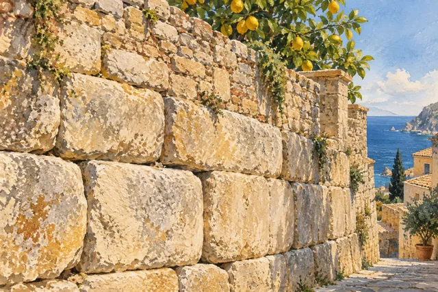 Conceptual illustration of layered stone masonry in a coastal town, with citrus branches and a glimpse of blue sea.