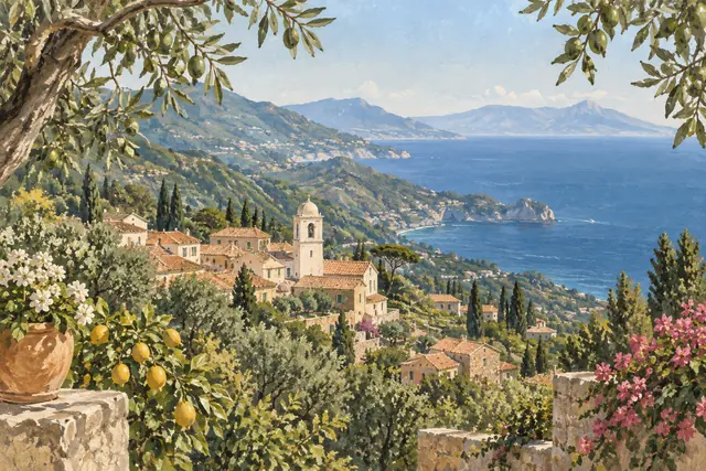 Gouache interpretation of a Sorrento peninsula hill village, with olive branches, terracotta roofs and blue coastal horizons.