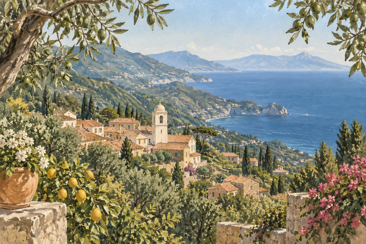 Gouache interpretation of a Sorrento peninsula hill village, with olive branches, terracotta roofs and blue coastal horizons.