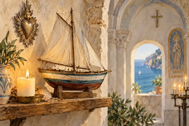 Watercolor interpretation of maritime devotion, with a wooden boat model, candle and pale stone church arch.