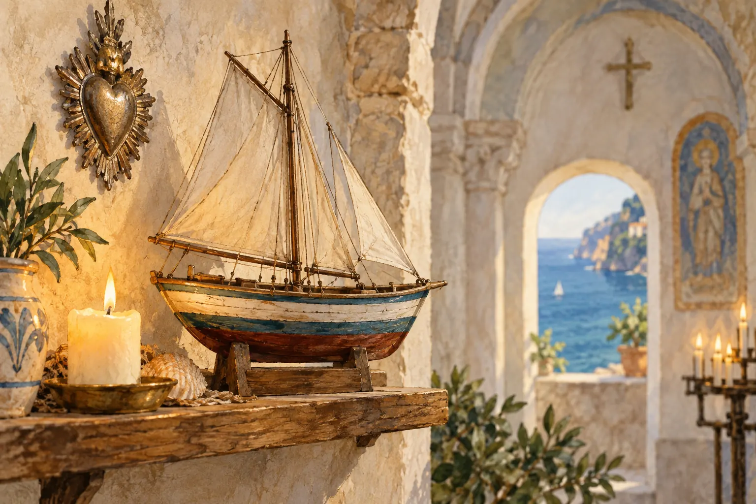 Watercolor interpretation of maritime devotion, with a wooden boat model, candle and pale stone church arch.