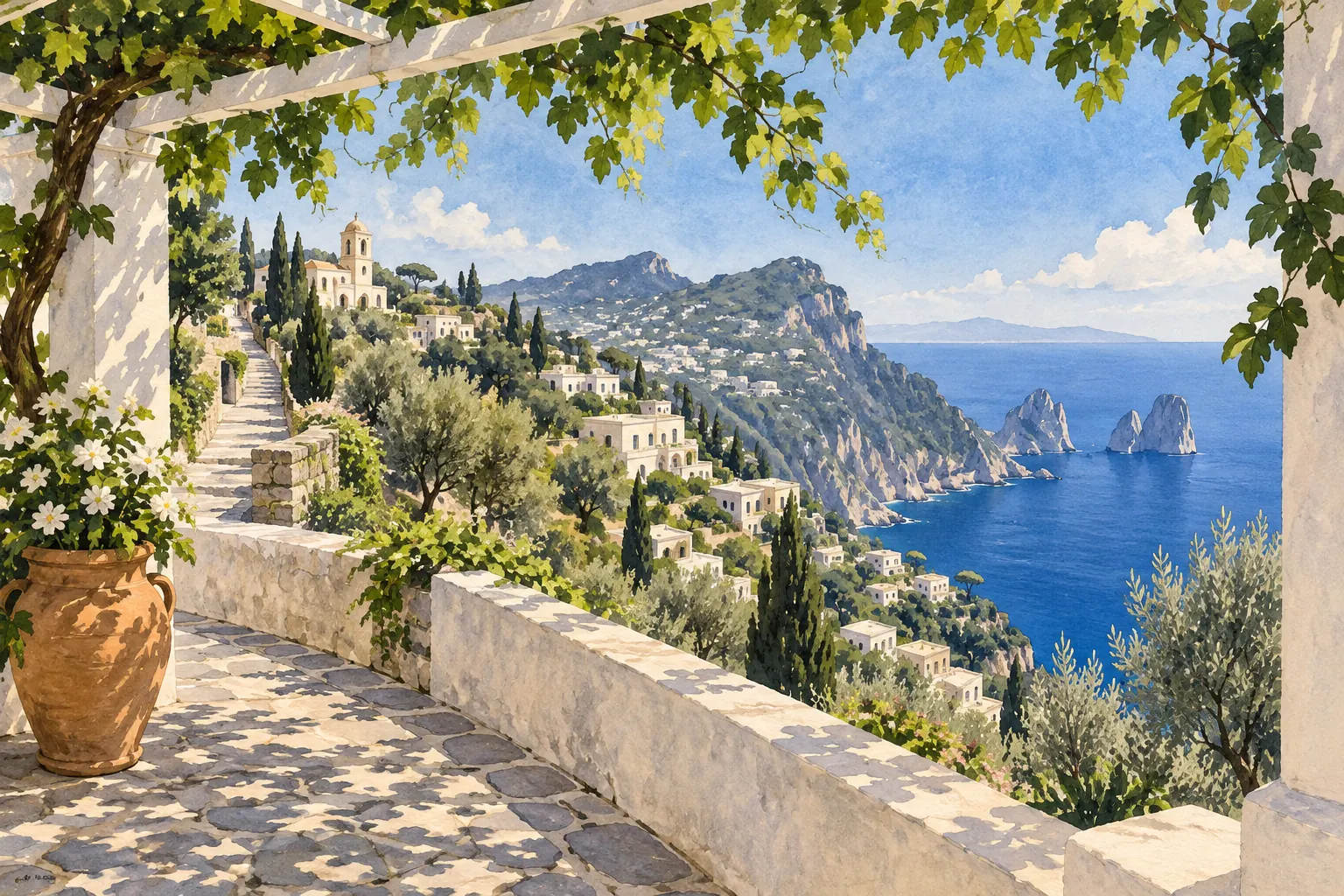 Watercolor interpretation of a leafy white pergola framing hillside houses, stone paths and the blue sea around Capri.
