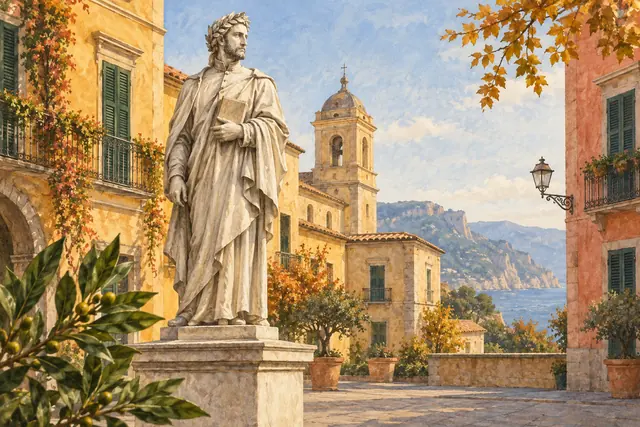 Painterly interpretation of a marble poet with a book and laurel crown in a warm-toned Sorrento-inspired square.