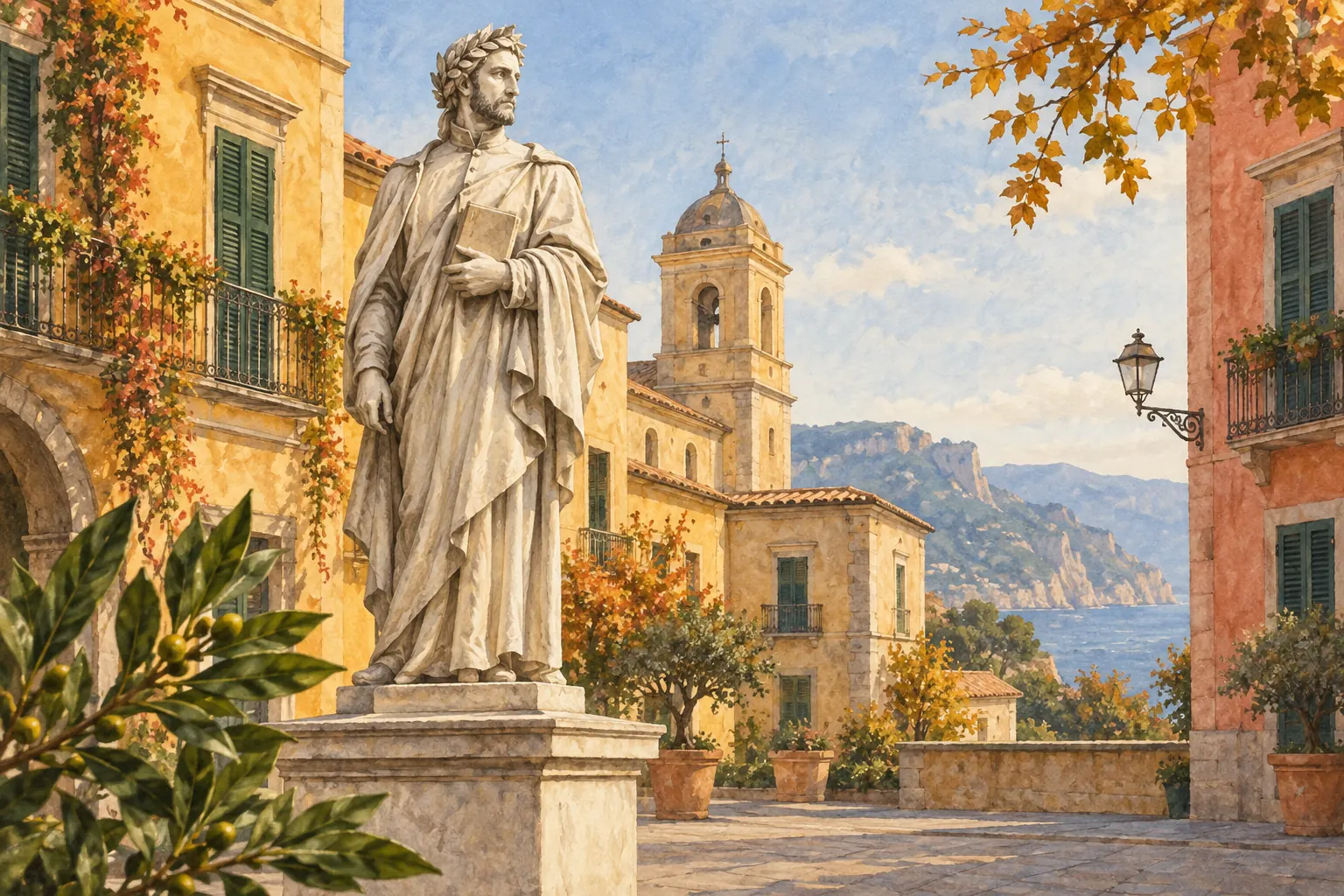 Painterly interpretation of a marble poet with a book and laurel crown in a warm-toned Sorrento-inspired square.